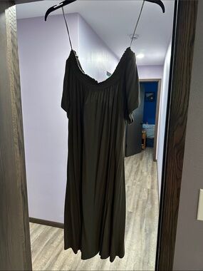 Olive Off-Shoulder Midi Dress with Smocked Yoke